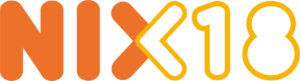 ISW - Logo met grote, vette letters NIX in oranje en het getal 18 omlijnd in geel. De X en 1 kruisen elkaar en vormen een gecombineerde vorm. Ontworpen voor de ISW Reünie, de achtergrond is wit.